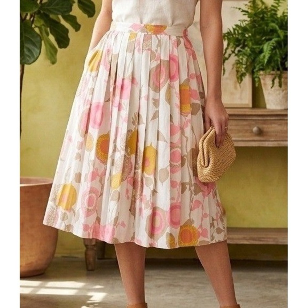 Vtg 70s Macshore Skirt Youth 13-14 Classics Pleated Floral Pink Tan White Boho